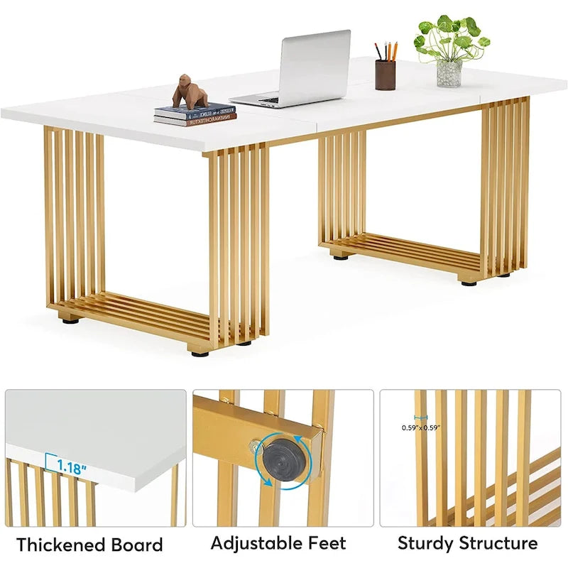 70.9 Bureau moderne en bois pour ordinateur, blanc et or, bureau de direction