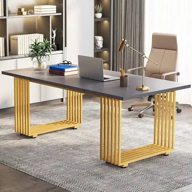 70.9 Bureau moderne en bois pour ordinateur, blanc et or, bureau de direction