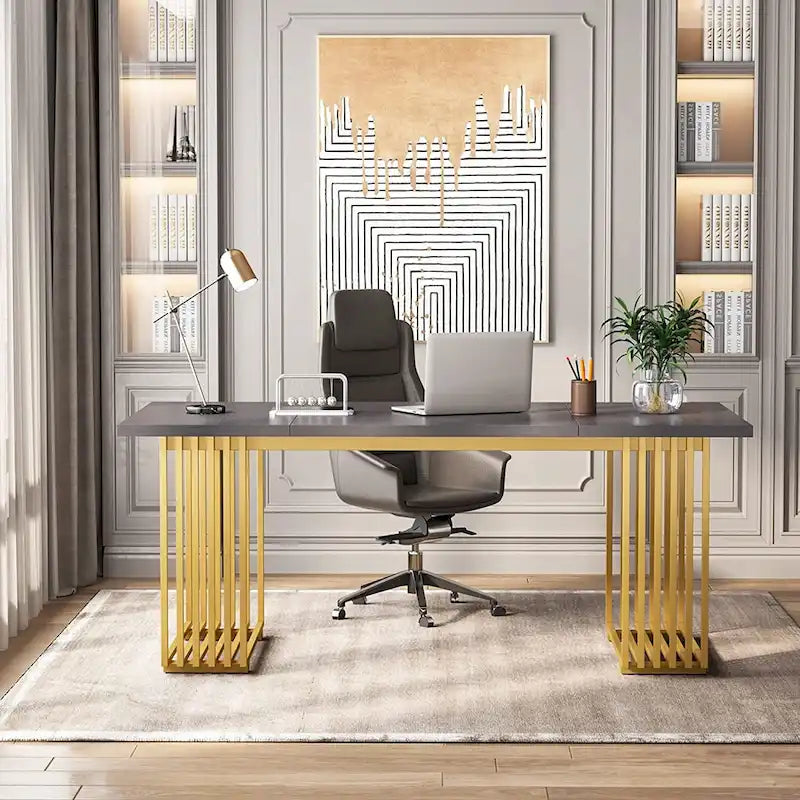 70.9 Bureau moderne en bois pour ordinateur, blanc et or, bureau de direction