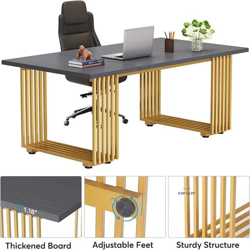 70.9 Bureau moderne en bois pour ordinateur, blanc et or, bureau de direction