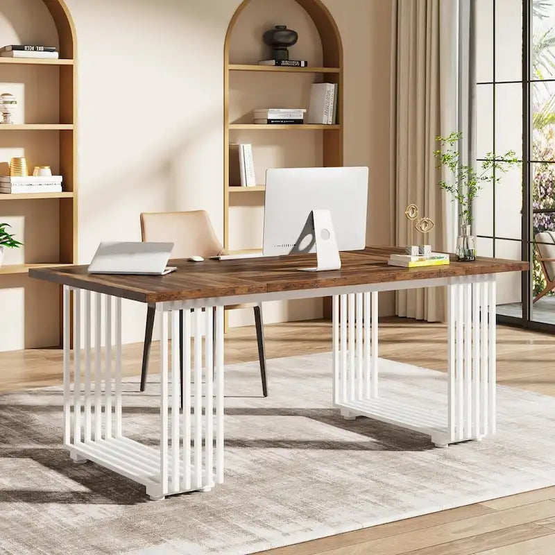 70.9 Bureau moderne en bois pour ordinateur, blanc et or, bureau de direction