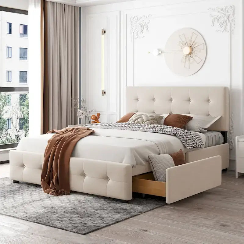 Lit plateforme tapissé Queen avec tête de lit classique et 4 tiroirs, aucun sommier tapissier requis, tissu en lin