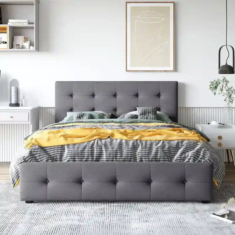 Lit plateforme tapissé Queen avec tête de lit classique et 4 tiroirs, aucun sommier tapissier requis, tissu en lin