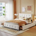 Lit plateforme tapissé Queen avec tête de lit classique et 4 tiroirs, aucun sommier tapissier requis, tissu en lin