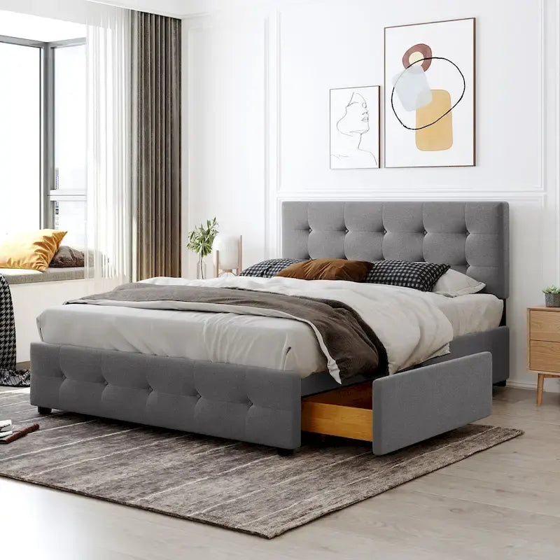 Lit plateforme tapissé Queen avec tête de lit classique et 4 tiroirs, aucun sommier tapissier requis, tissu en lin