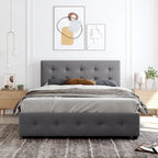 Lit plateforme tapissé Queen avec tête de lit classique et 4 tiroirs, aucun sommier tapissier requis, tissu en lin