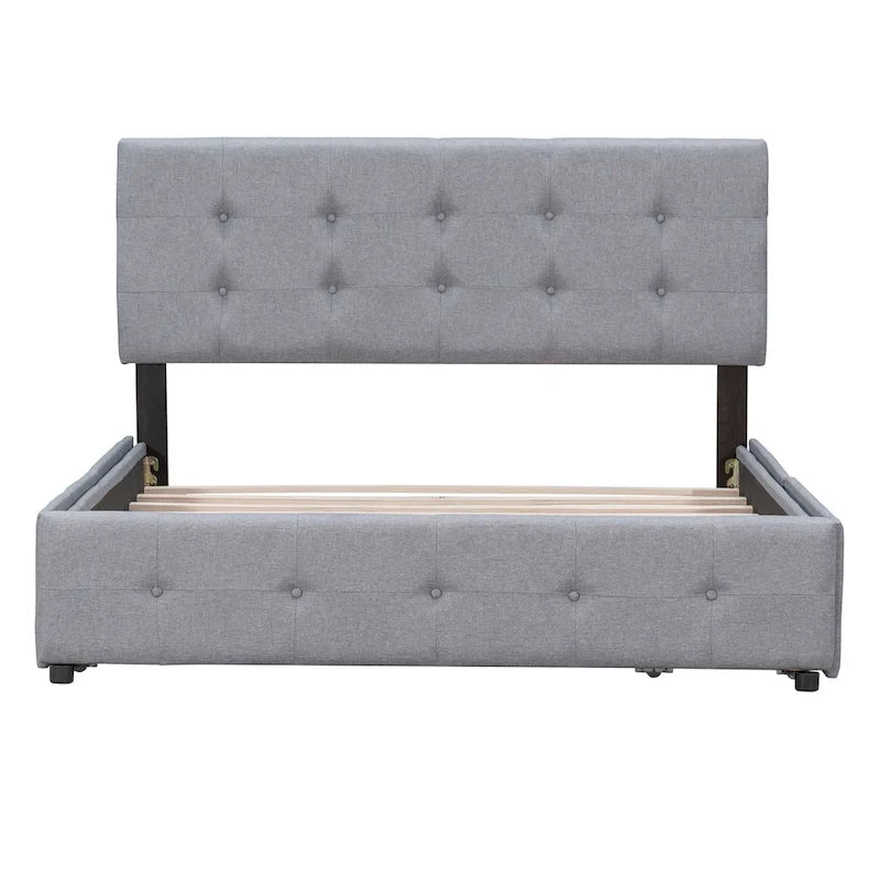 Lit plateforme tapissé Queen avec tête de lit classique et 4 tiroirs, aucun sommier tapissier requis, tissu en lin