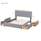 Lit plateforme tapissé Queen avec tête de lit classique et 4 tiroirs, aucun sommier tapissier requis, tissu en lin