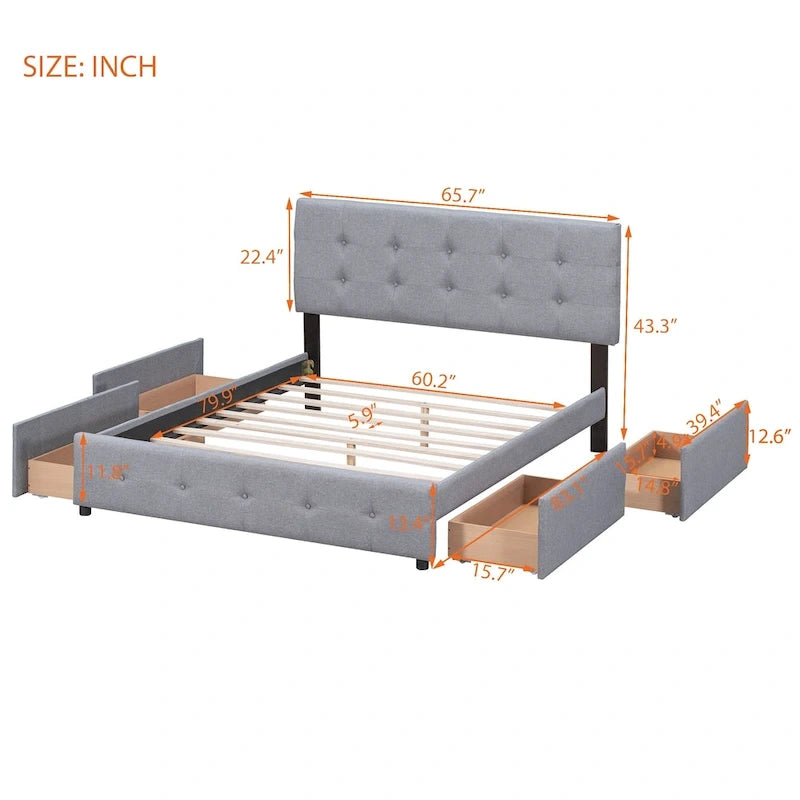 Lit plateforme tapissé Queen avec tête de lit classique et 4 tiroirs, aucun sommier tapissier requis, tissu en lin