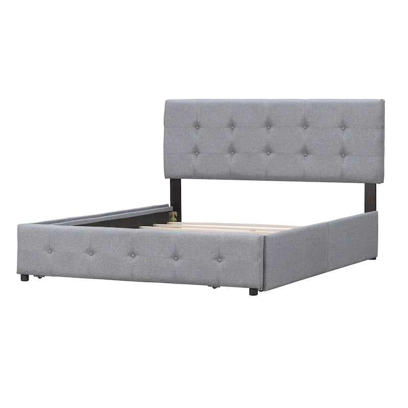 Lit plateforme tapissé Queen avec tête de lit classique et 4 tiroirs, aucun sommier tapissier requis, tissu en lin