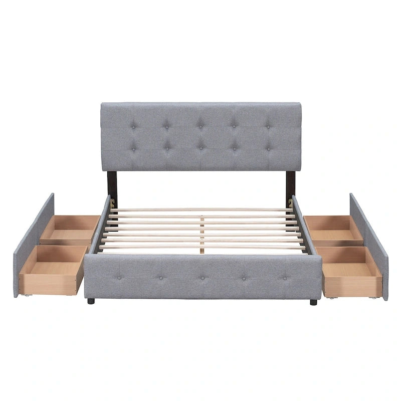 Lit plateforme tapissé Queen avec tête de lit classique et 4 tiroirs, aucun sommier tapissier requis, tissu en lin