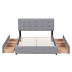 Lit plateforme tapissé Queen avec tête de lit classique et 4 tiroirs, aucun sommier tapissier requis, tissu en lin