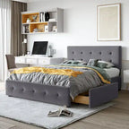 Lit plateforme tapissé Queen avec tête de lit classique et 4 tiroirs, aucun sommier tapissier requis, tissu en lin