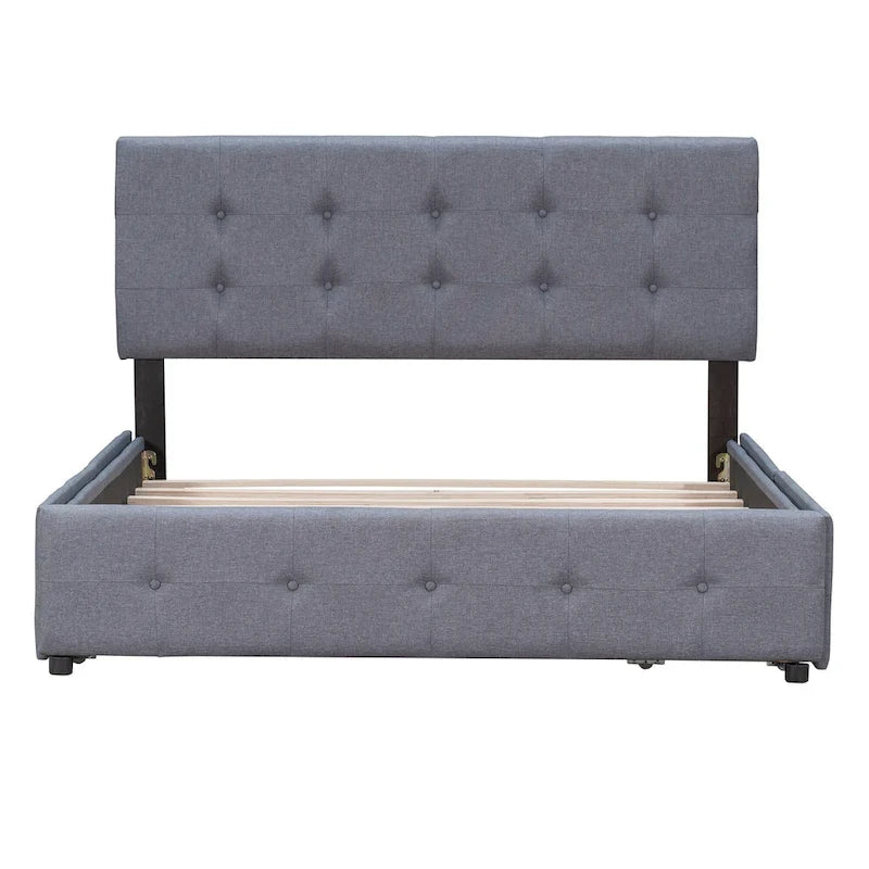 Lit plateforme tapissé Queen avec tête de lit classique et 4 tiroirs, aucun sommier tapissier requis, tissu en lin