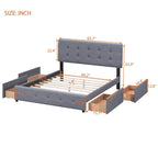 Lit plateforme tapissé Queen avec tête de lit classique et 4 tiroirs, aucun sommier tapissier requis, tissu en lin