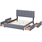 Lit plateforme tapissé Queen avec tête de lit classique et 4 tiroirs, aucun sommier tapissier requis, tissu en lin