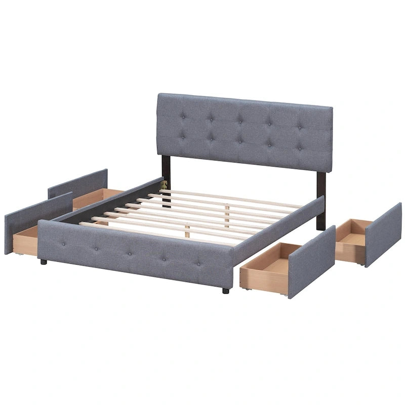 Lit plateforme tapissé Queen avec tête de lit classique et 4 tiroirs, aucun sommier tapissier requis, tissu en lin