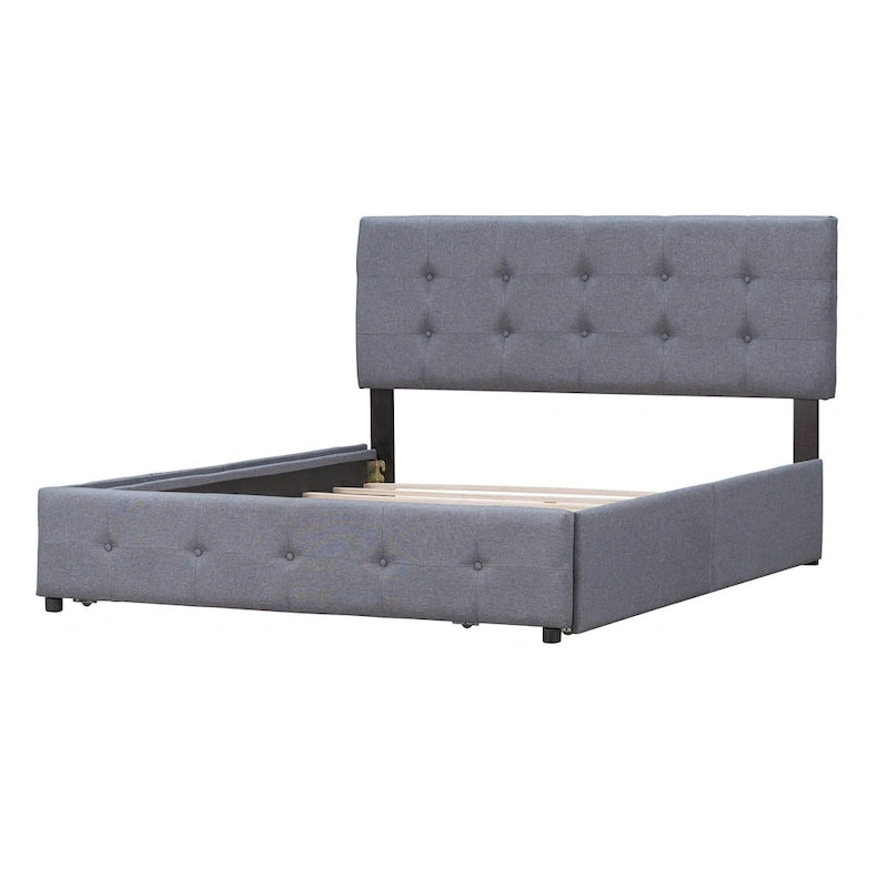 Lit plateforme tapissé Queen avec tête de lit classique et 4 tiroirs, aucun sommier tapissier requis, tissu en lin