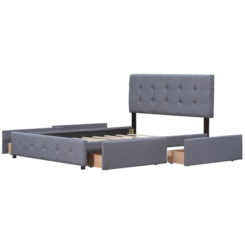 Lit plateforme tapissé Queen avec tête de lit classique et 4 tiroirs, aucun sommier tapissier requis, tissu en lin
