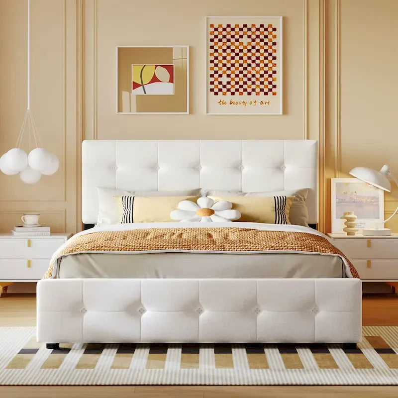 Lit plateforme tapissé Queen avec tête de lit classique et 4 tiroirs, aucun sommier tapissier requis, tissu en lin
