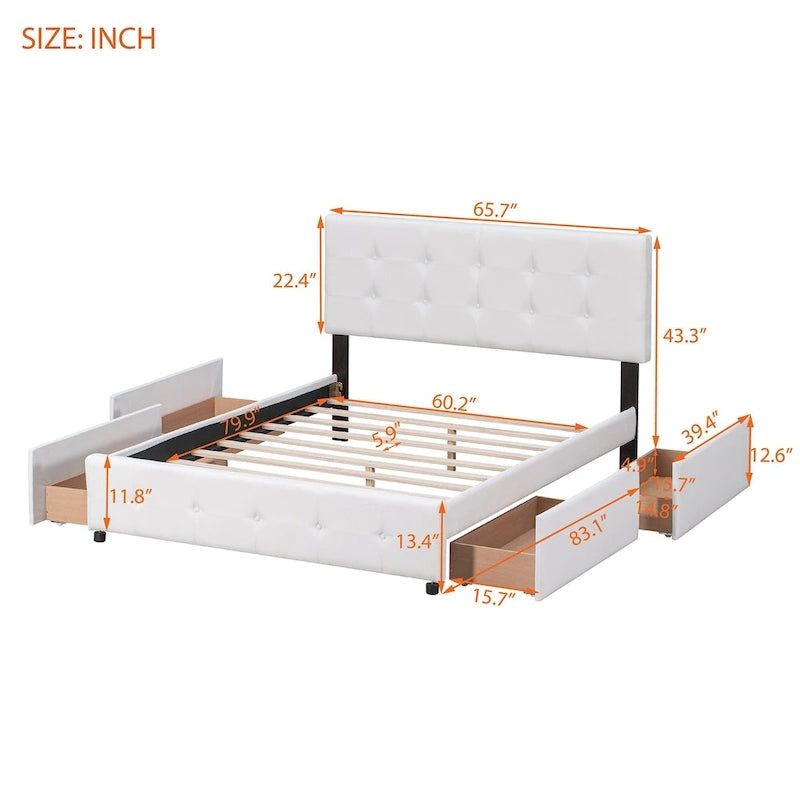 Lit plateforme tapissé Queen avec tête de lit classique et 4 tiroirs, aucun sommier tapissier requis, tissu en lin
