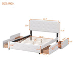 Lit plateforme tapissé Queen avec tête de lit classique et 4 tiroirs, aucun sommier tapissier requis, tissu en lin