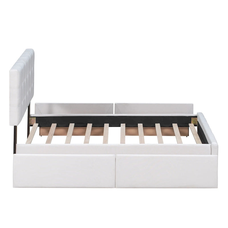 Lit plateforme tapissé Queen avec tête de lit classique et 4 tiroirs, aucun sommier tapissier requis, tissu en lin