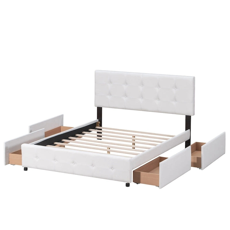 Lit plateforme tapissé Queen avec tête de lit classique et 4 tiroirs, aucun sommier tapissier requis, tissu en lin