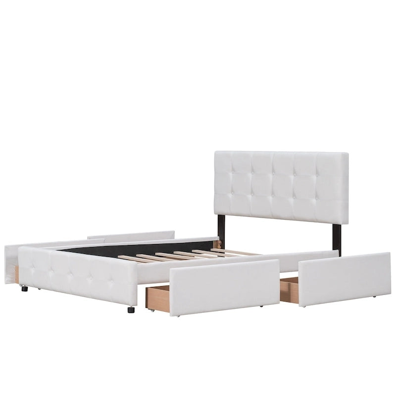 Lit plateforme tapissé Queen avec tête de lit classique et 4 tiroirs, aucun sommier tapissier requis, tissu en lin