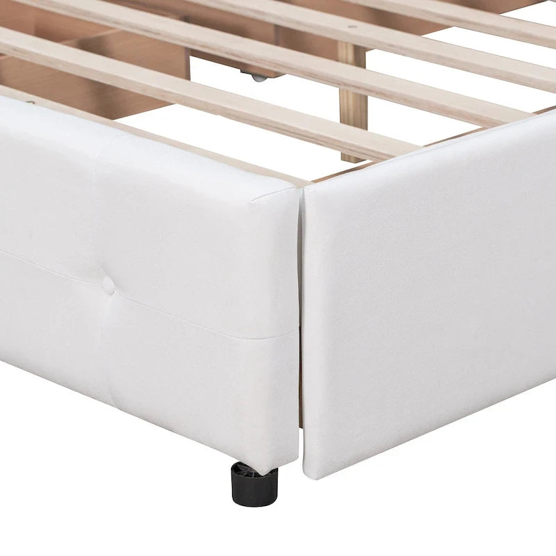 Lit plateforme tapissé Queen avec tête de lit classique et 4 tiroirs, aucun sommier tapissier requis, tissu en lin