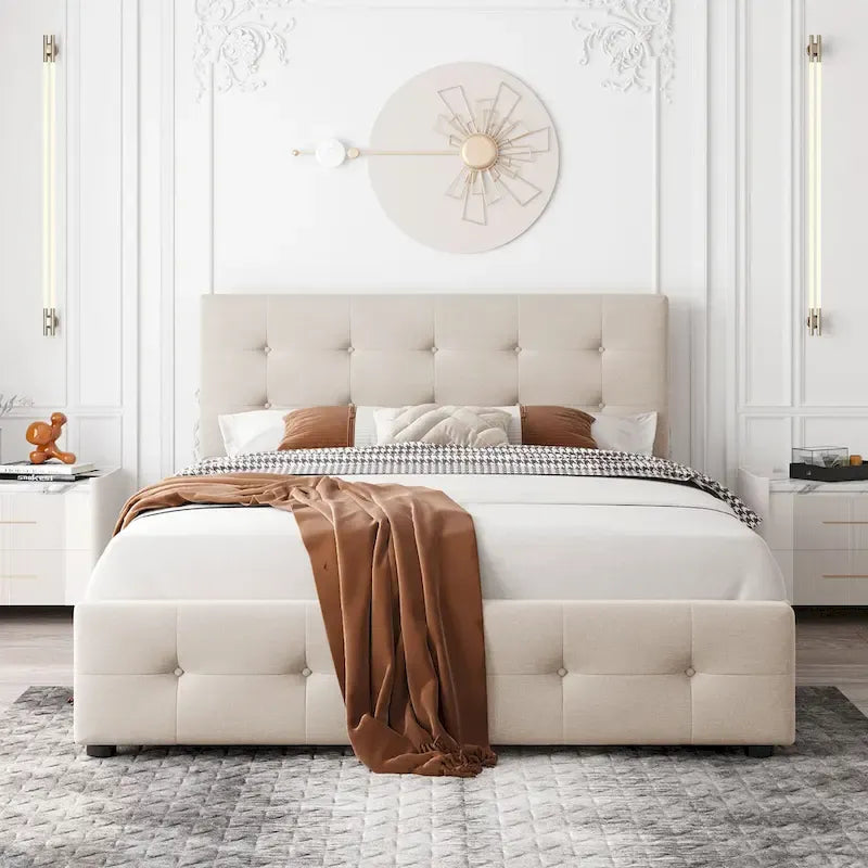 Lit plateforme tapissé Queen avec tête de lit classique et 4 tiroirs, aucun sommier tapissier requis, tissu en lin