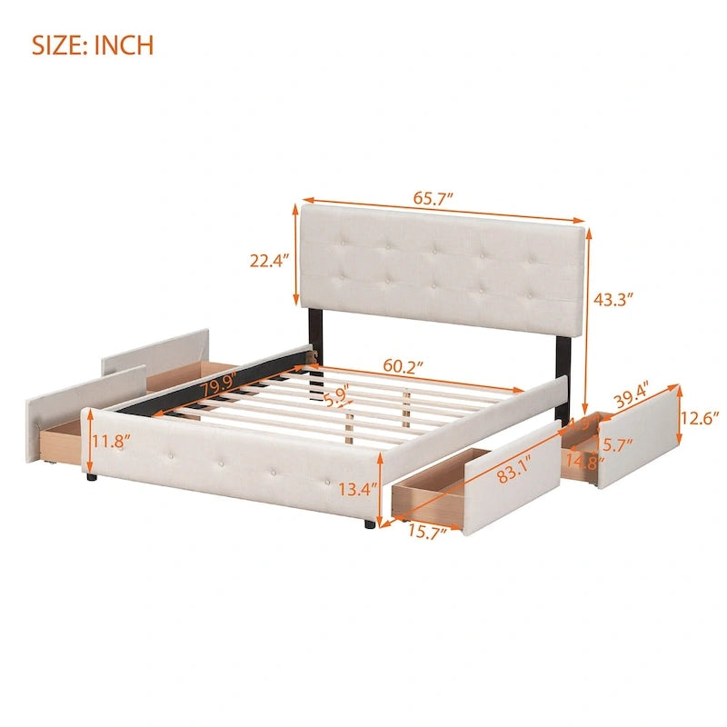 Lit plateforme tapissé Queen avec tête de lit classique et 4 tiroirs, aucun sommier tapissier requis, tissu en lin