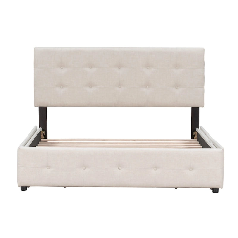 Lit plateforme tapissé Queen avec tête de lit classique et 4 tiroirs, aucun sommier tapissier requis, tissu en lin