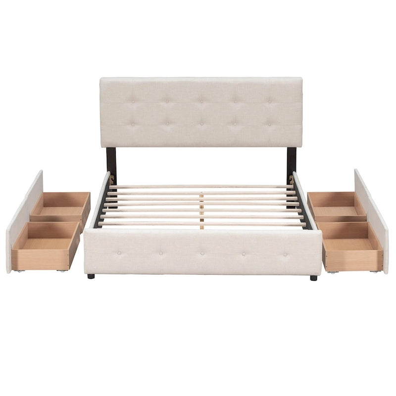 Lit plateforme tapissé Queen avec tête de lit classique et 4 tiroirs, aucun sommier tapissier requis, tissu en lin