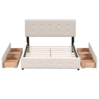 Lit plateforme tapissé Queen avec tête de lit classique et 4 tiroirs, aucun sommier tapissier requis, tissu en lin