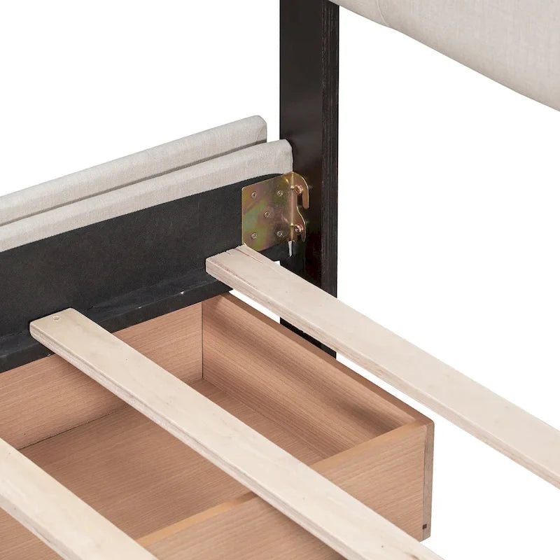 Lit plateforme tapissé Queen avec tête de lit classique et 4 tiroirs, aucun sommier tapissier requis, tissu en lin