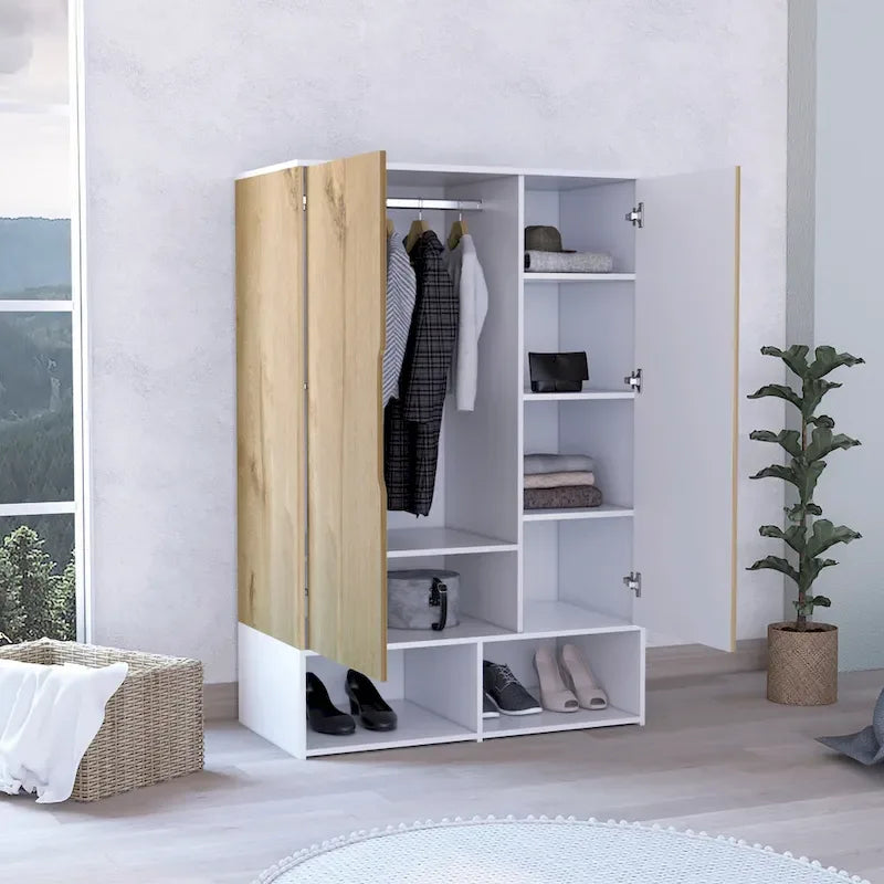 Armoire Rosie deux portes avec deux étagères ouvertes, cinq étagères et une tringle de suspension - N/A