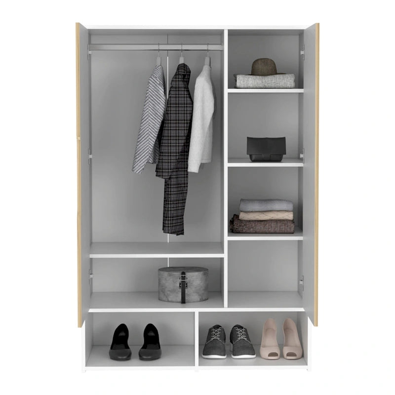 Armoire Rosie deux portes avec deux étagères ouvertes, cinq étagères et une tringle de suspension - N/A