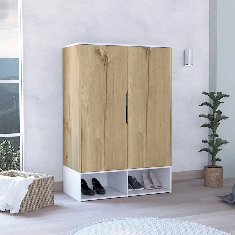 Armoire Rosie deux portes avec deux étagères ouvertes, cinq étagères et une tringle de suspension - N/A