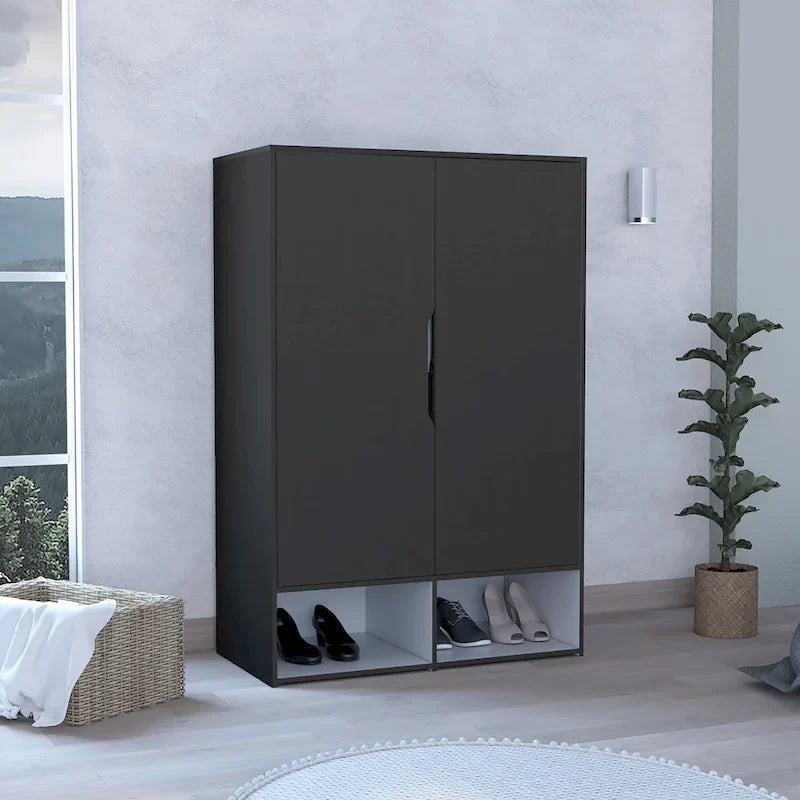 Armoire Rosie deux portes avec deux étagères ouvertes, cinq étagères et une tringle de suspension - N/A