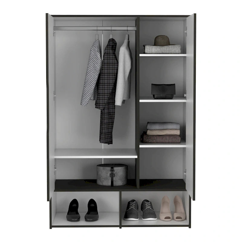 Armoire Rosie deux portes avec deux étagères ouvertes, cinq étagères et une tringle de suspension - N/A