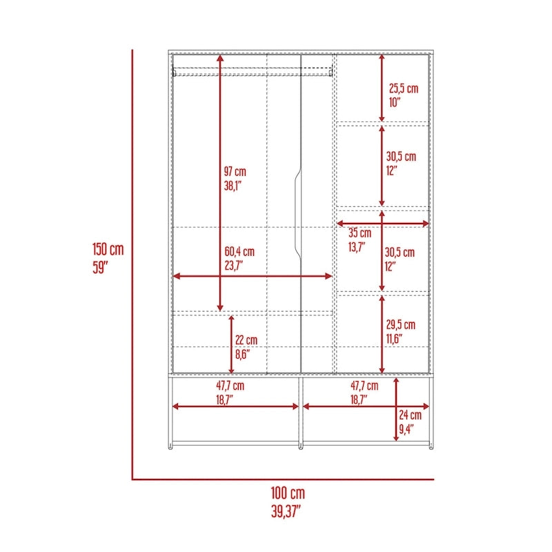 Armoire Rosie deux portes avec deux étagères ouvertes, cinq étagères et une tringle de suspension - N/A