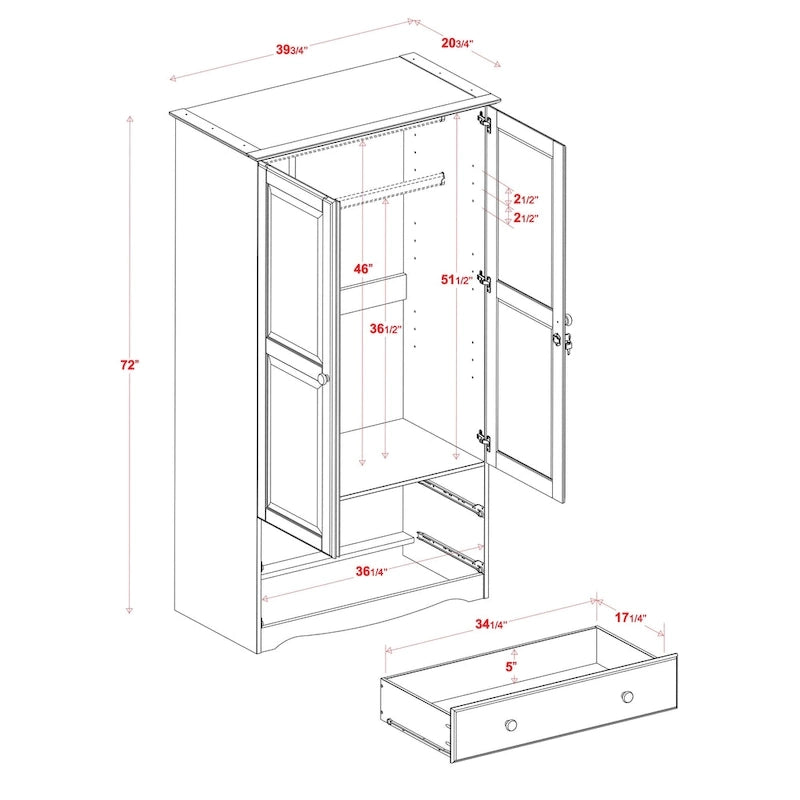 Palace Imports Armoire Intelligente 100% Bois Massif avec 2 Tiroirs, Poignées Métalliques ou en Bois