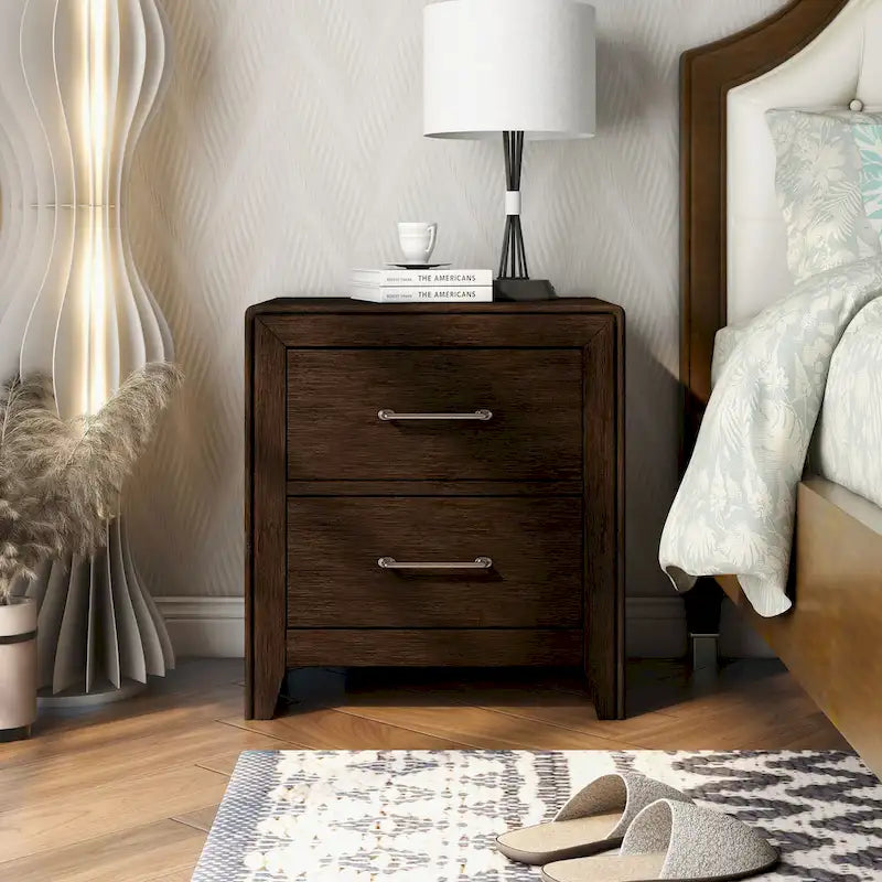 Table de chevet Bett Transitional Walnut en bois massif avec 2 tiroirs par Furniture of America