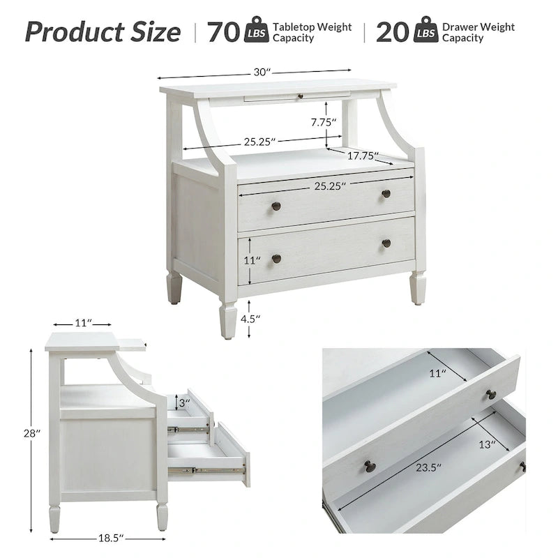 Jennifer 2 - Table de chevet à tiroirs avec prises intégrées et plateau coulissant, lot de 2, par HULALA HOME