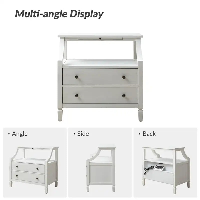 Jennifer 2 - Table de chevet à tiroirs avec prises intégrées et plateau coulissant, lot de 2, par HULALA HOME