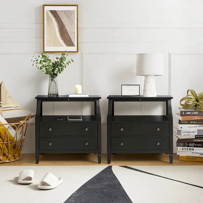 Jennifer 2 - Table de chevet à tiroirs avec prises intégrées et plateau coulissant, lot de 2, par HULALA HOME