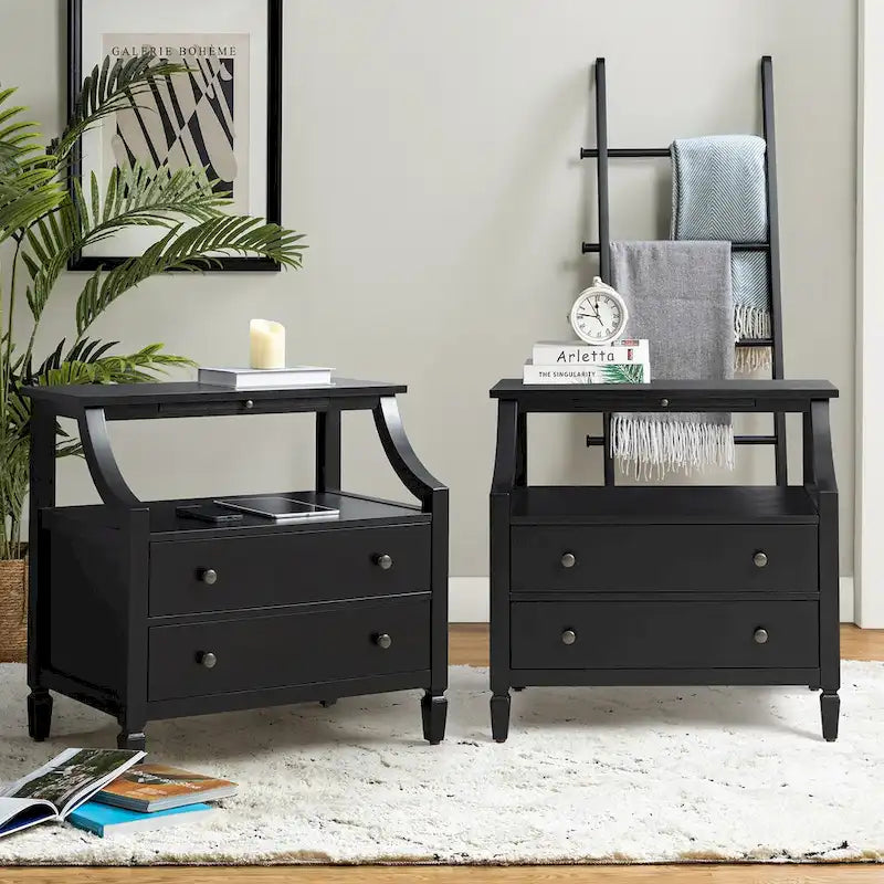 Jennifer 2 - Table de chevet à tiroirs avec prises intégrées et plateau coulissant, lot de 2, par HULALA HOME