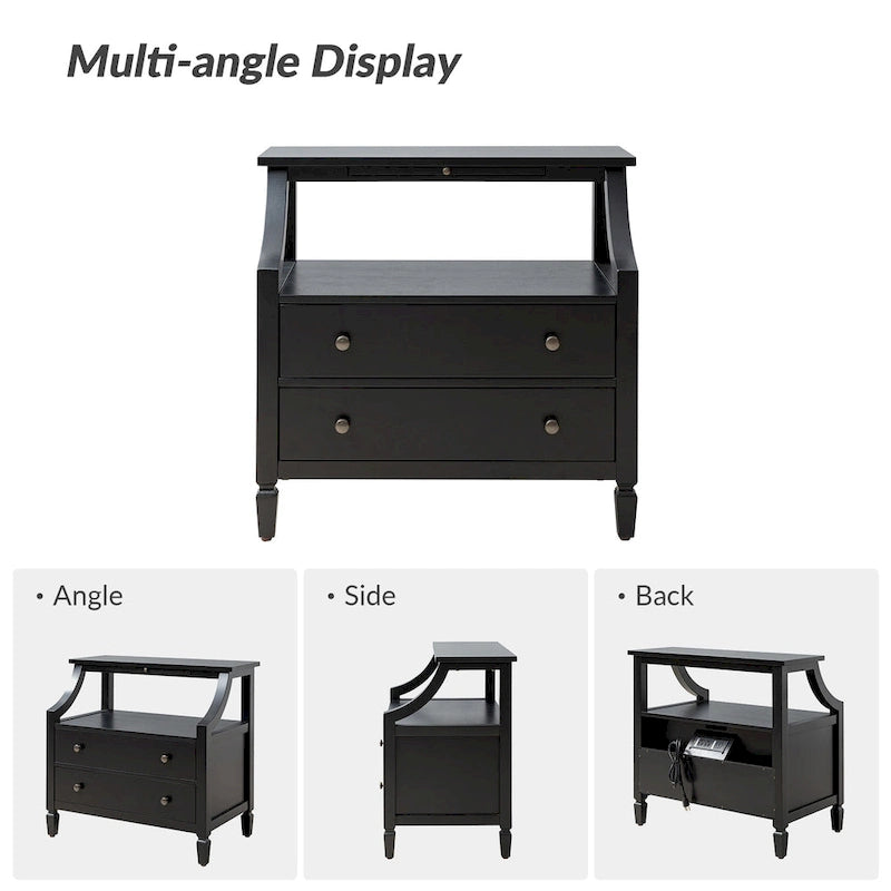 Jennifer 2 - Table de chevet à tiroirs avec prises intégrées et plateau coulissant, lot de 2, par HULALA HOME