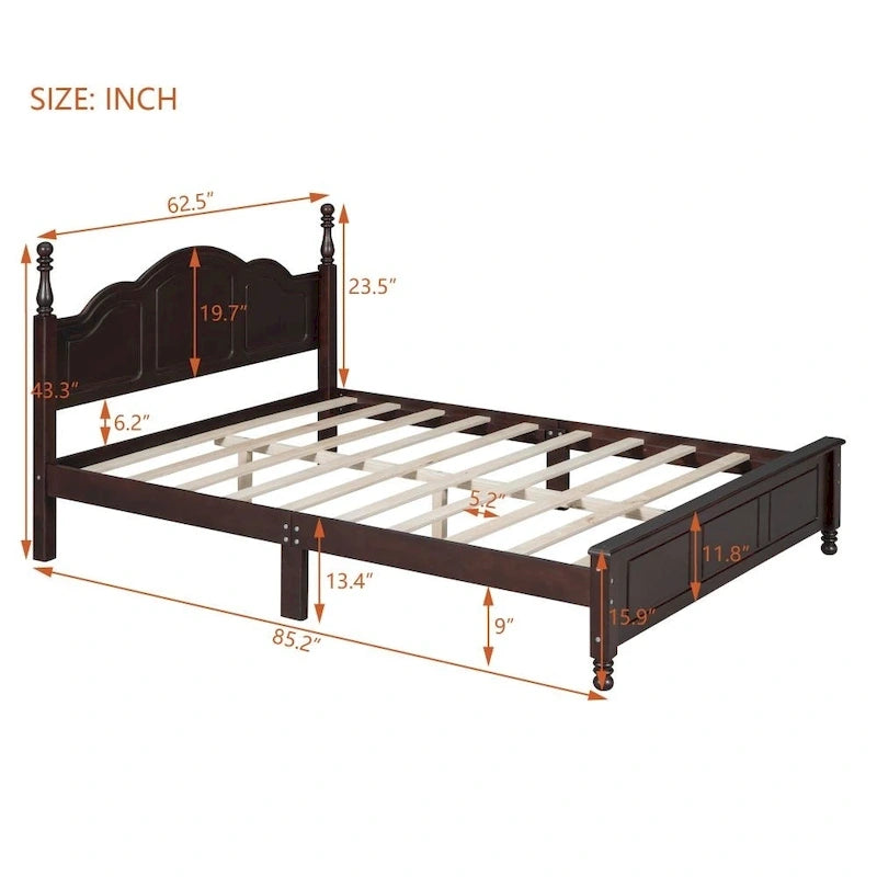 Cadre de lit plateforme Queen Size en bois, Lit plateforme style rétro